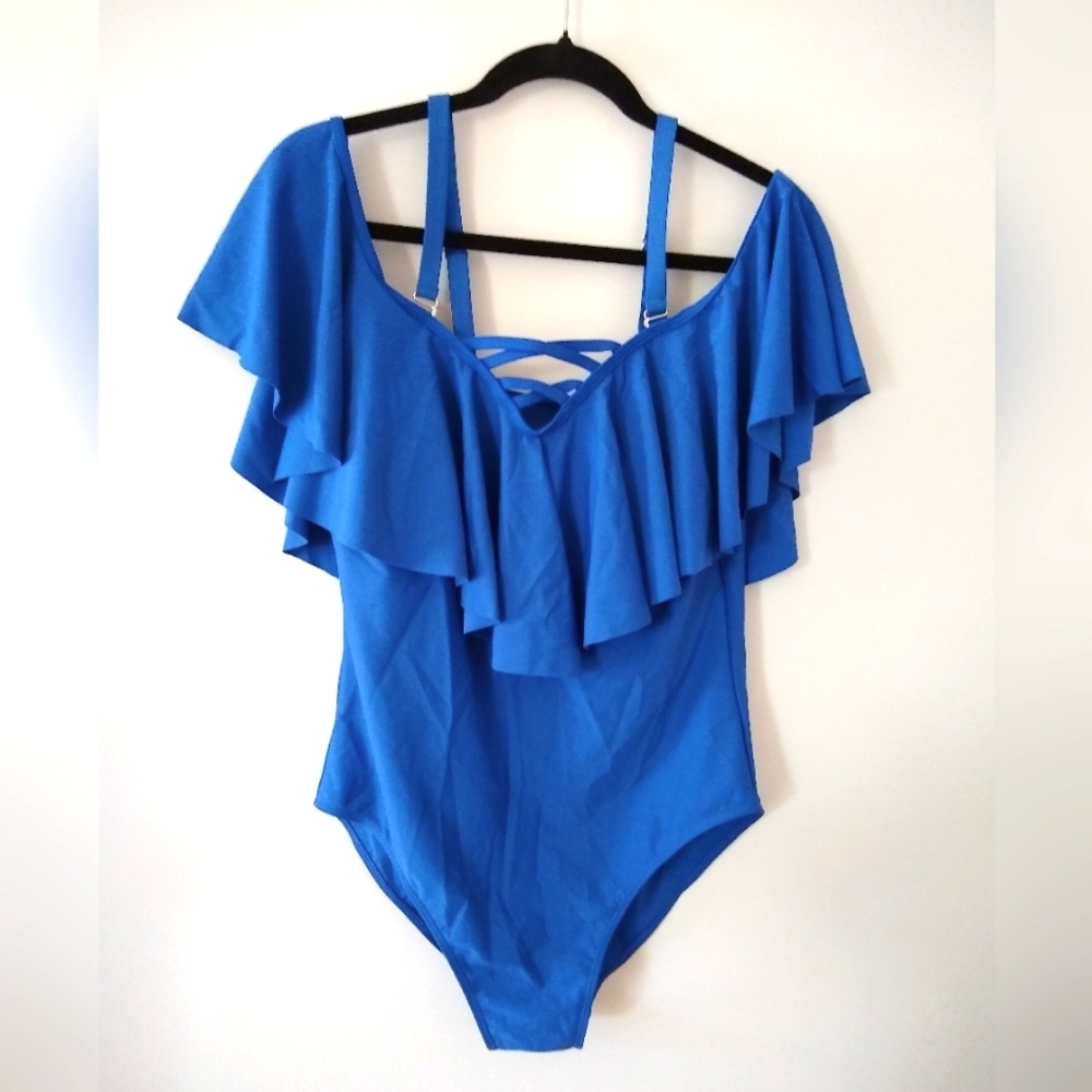 Blue Ruffled Off Shoulder One Piece Swimsuit Sz Lg